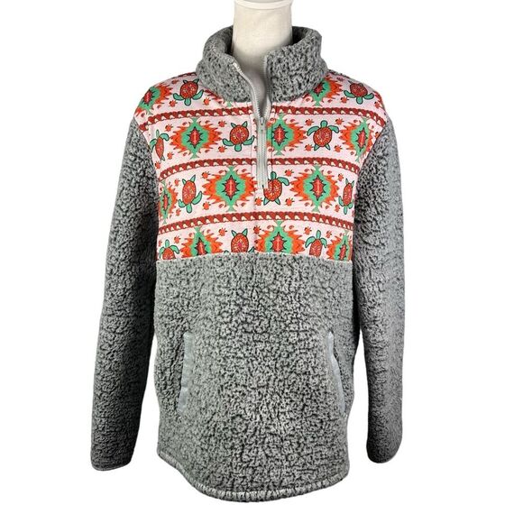 Southwest Turtle Fleece Quarter Zip Sweatshirt XL Gray Green Warm Cozy Pockets - Picture 1 of 6